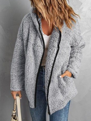 Color Block Casual Teddy Jacket, Gray, Coats