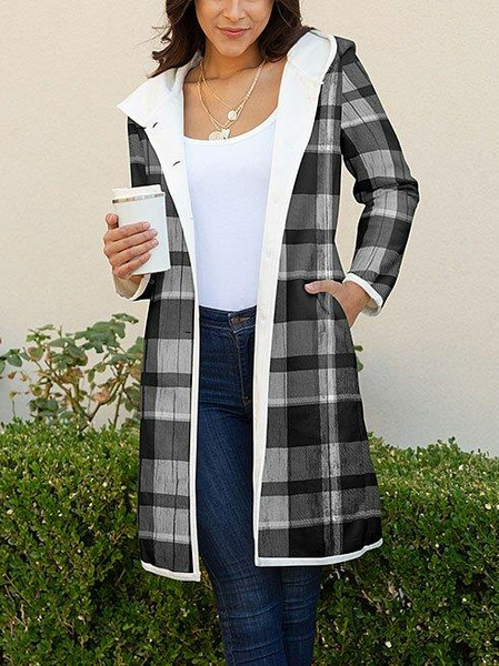 Black & Gray Plaid Pocket Hooded Woolen Casual OverCoat, Outerwear