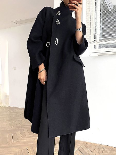 Long sleeve Plain Loose Turtleneck Overcoat, Black, Coats 
Long sleeve Plain Loose Turtleneck Overcoat, Black, Coats