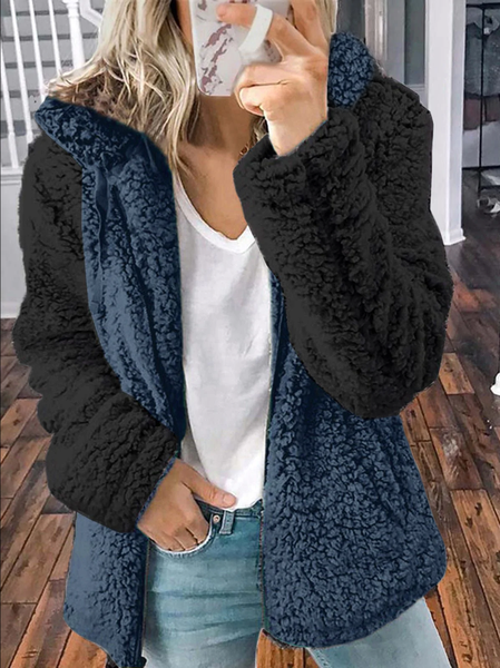 Plain Loose Shawl Collar Other Coat, Black-blue, Outerwear