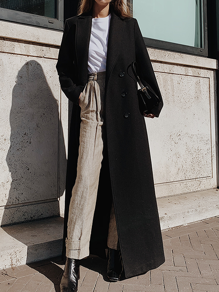 Urban Plain Loose Lapel Collar Long sleeve Long Overcoat, Black, Coats