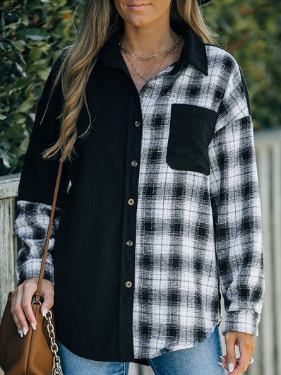 Cotton-Blend Casual Plaid Blouse, Black-white, Blouses & Shirts