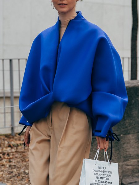 Long sleeve Plain Loose O-Line Jacket, Blue, Jackets