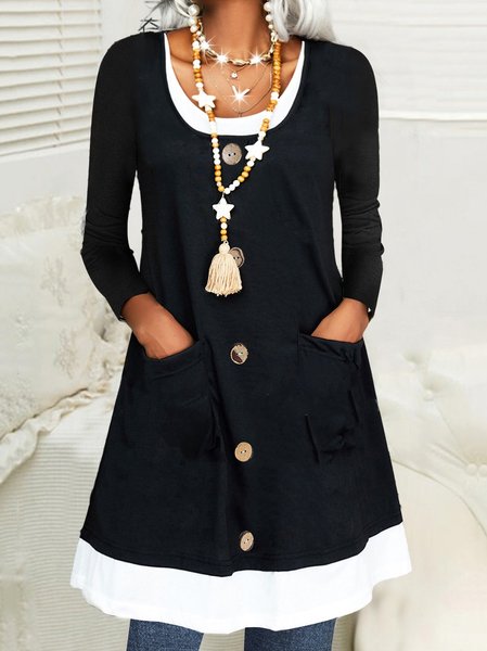 Color Block Knitted Loose Dress, Black, Mini Dresses