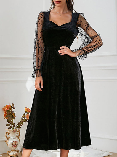 Cotton-Blend Elegant Plain Dresses, Black, Dresses