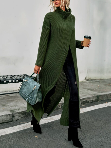 Wool/Knitting Half Turtleneck Loose Sweater, Green, Sweaters