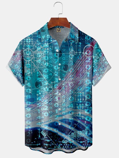 3D Scientific Number Code Chest Pocket Short Sleeve Shirt, Blue, Men Shirts