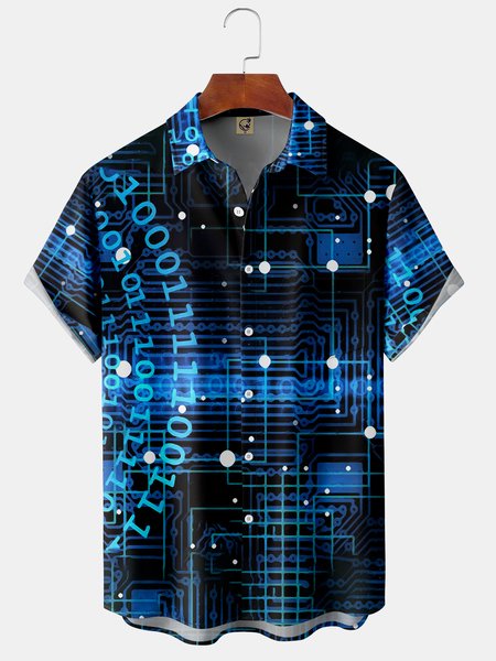 3D Scientific Number Code Chest Pocket Short Sleeve Shirt, Blue, Men Shirts