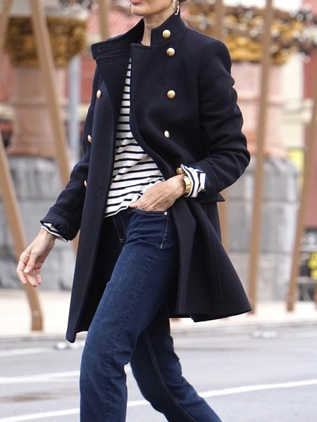 Simple Loose Plain Stand Collar Long Sleeve Jacket, Deep blue, Jackets