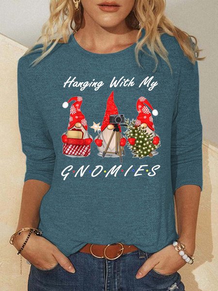 Women Hanging With My Gnomies Merry Christmas Tree Casual Top, Green, Long sleeves