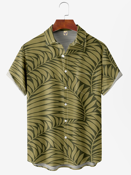 Leaves Chest Pocket Short Sleeve Hawaiian Shirt, Green, Men Shirts
