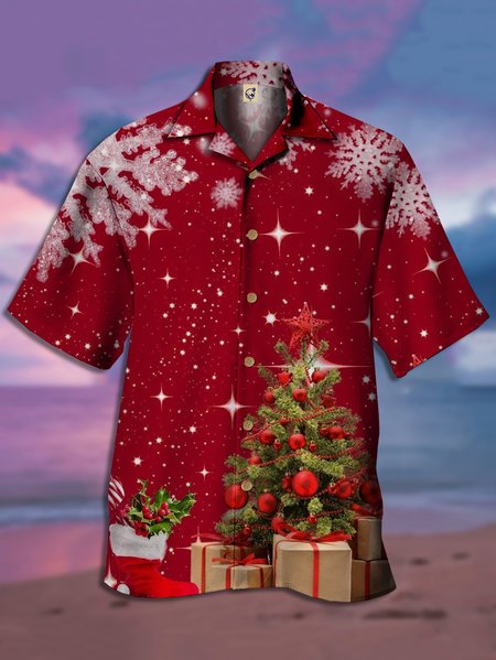 Christmas Chest Pocket Short Sleeve Casual Shirt, Red, Men Shirts