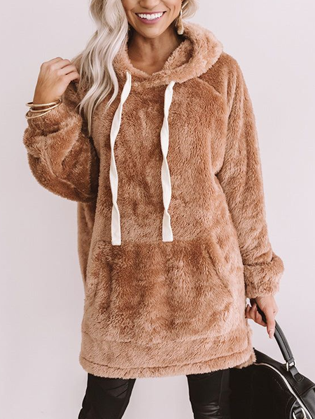 Hoodie Casual Plain Teddy Dress, Brown, Mini Dresses
