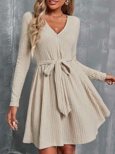 Loose V Neck Plain Dress, Apricot, Dresses