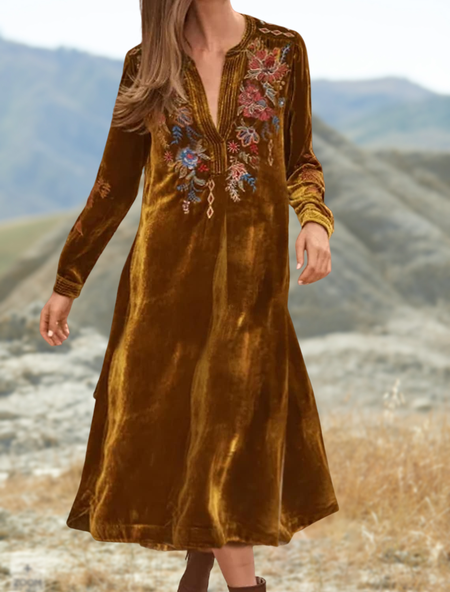 Boho V Neck Floral Regular Fit Velvet Dresses, Brown, Dresses