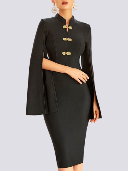 Split Sleeves Elegant Plain Stand Collar Midi Dress, Black, Dresses