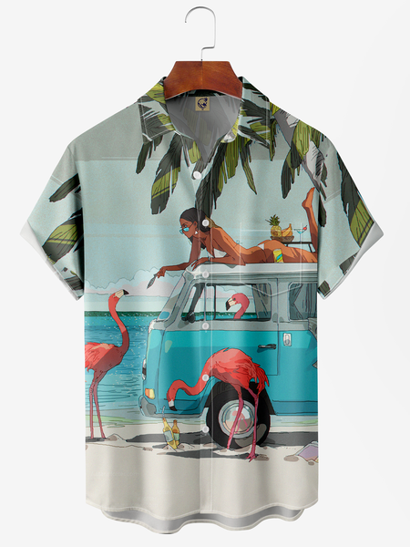 Flamingo Chest Pocket Short Sleeve Hawaiian Shirt, Green, Men Shirts