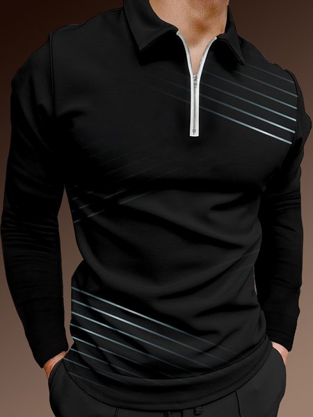 Gradient Line Zip Long Sleeve Polo, Black, Men's t-shirts