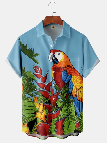 Macaw Parrot Chest Pocket Short Sleeve Hawaiian Shirt, Blue, Short Sleeve Shirts