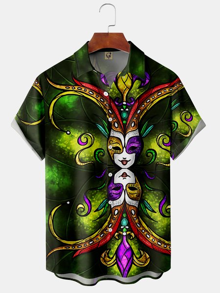 Mardi Gras Mask Chest Pocket Short Sleeve Casual Shirt, Green, Men Shirts