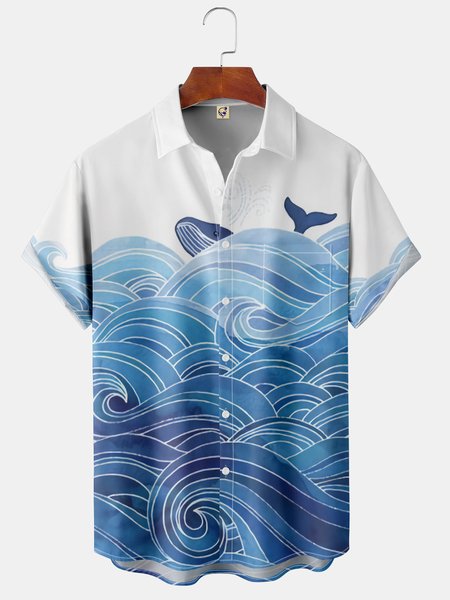 Japanese Ukiyoe Wave Chest Pocket Short Sleeve Hawaiian Shirt, Blue, Men Shirts