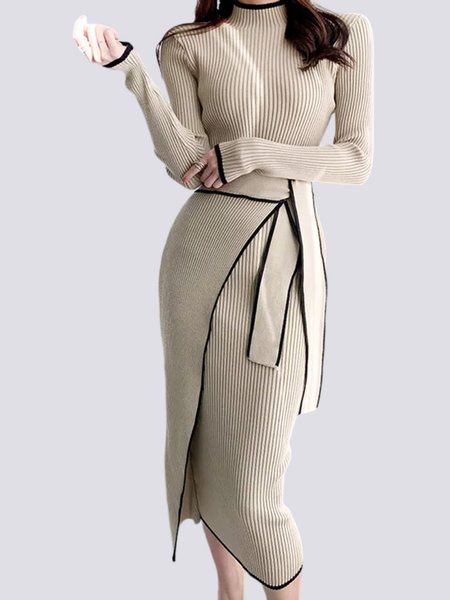 High Elasticity Tight Color Block Long sleeve Dress, Gray, Dresses