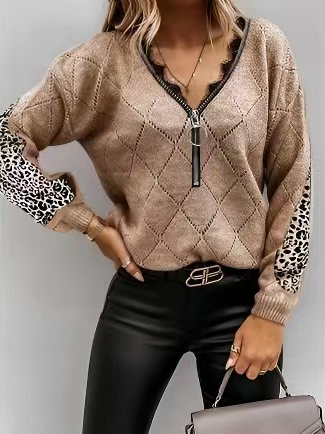 Casual Color Block V Neck Sweater, Khaki, Sweaters & Cardigans