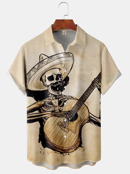 Music Chest Pocket Short Sleeve Shirt, Khaki, Men Shirts