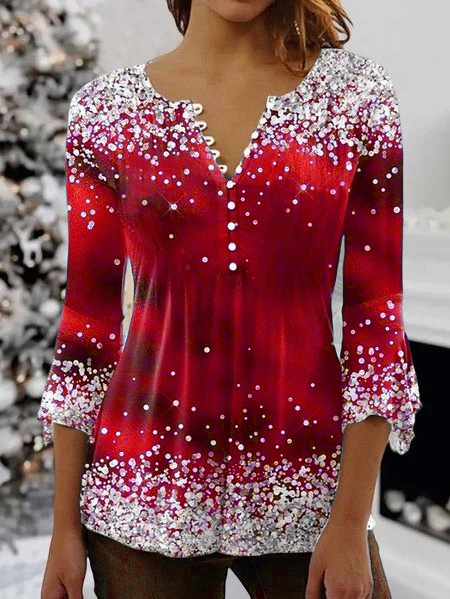 Christmas Casual Knit Long Sleeve Top, Red, Shirts & Blouses
