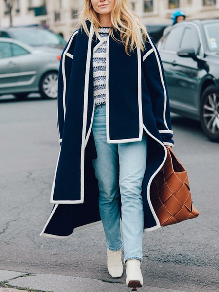 Long sleeve Urban Loose Plain Overcoat, Blue, Coats