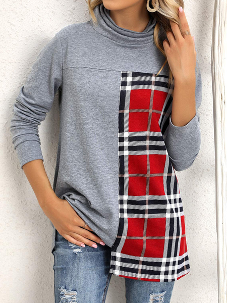 Casual Turtleneck Plaid Top, Gray, Tops