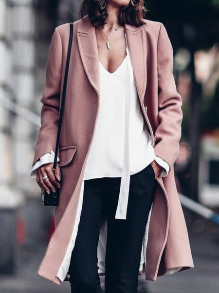 Loose Plain Lapel Collar Blazer, Pink, Trench Coats