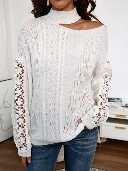 Casual Loose Cold Shoulder Sweater, White, Sweaters