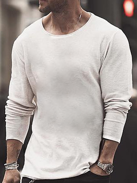 Men Plain Text Letters Cotton Crew Neck Top, White, Long Sleeves