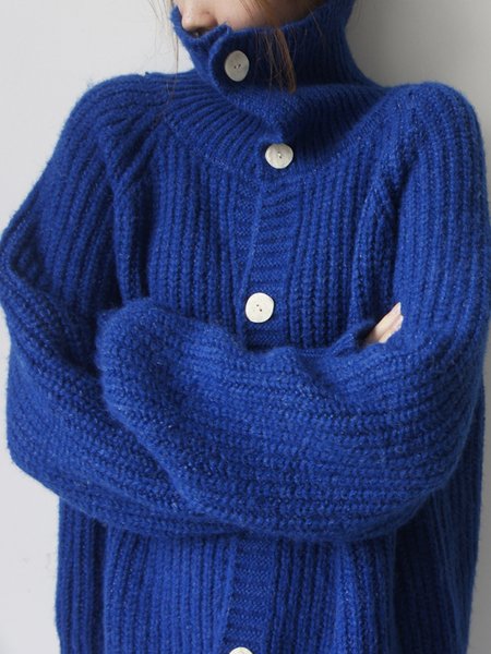 Daily Long sleeve Simple Plain Turtleneck Sweater Coat, Blue, Cardigans