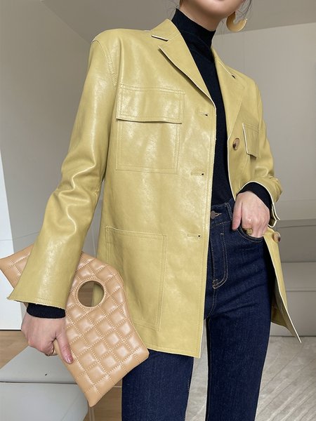 Daily Long sleeve Simple Lapel Collar Jacket, Yellow, Jackets
