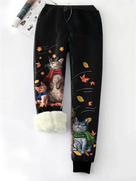 Fleece Warm Cute Cat Knitted Casual Pant, Black, Pants
