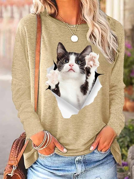 Women Funny Cat 3D Print Cotton-Blend Long sleeve Top, Khaki, Long sleeves