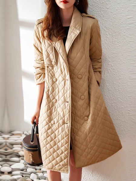 Elegant Plain Long Sleeve Lapel Collar Fleece Coat, Khaki, Others