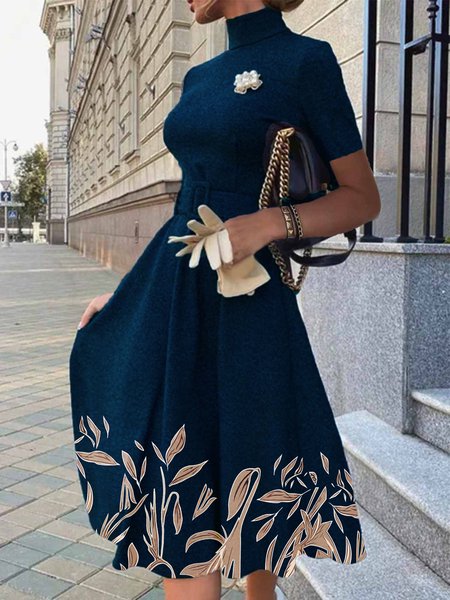 

Stand Collar Elegant Floral Short Sleeve Dress, Purplish blue, Maxi Dresses