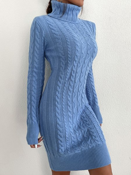 Daily Long sleeve Plain Regular Fit Turtleneck Dress, Blue, Midi Dresses