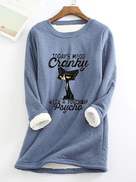 Women Funny Cat Crew Neck Sweatshirt, Blue, Hoodies&Sweatshirts