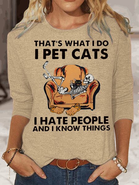 Womens Funnny I Pets Cats Casual Top, Apricot, Long sleeves