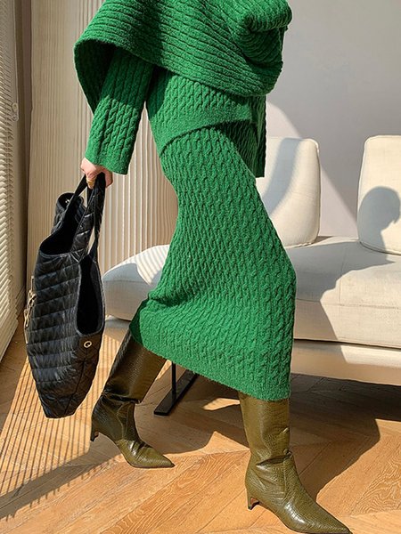 Daily Plain Elegant Regular Fit Mid Waist Skirt, Green, Skirts