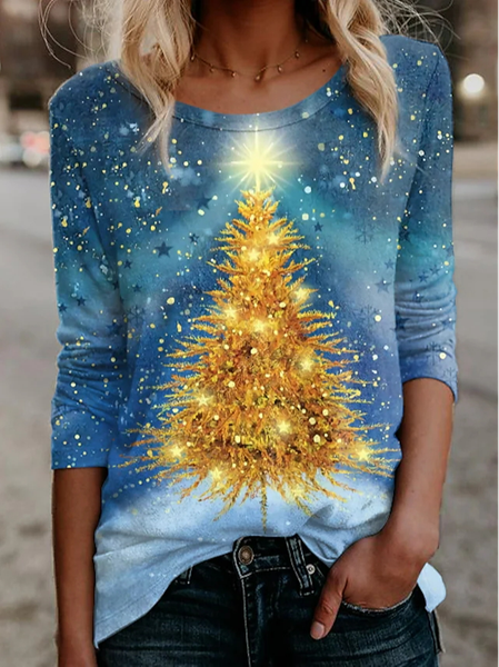 Casual Crew Neck Christmas T-Shirt, Blue, T-Shirts