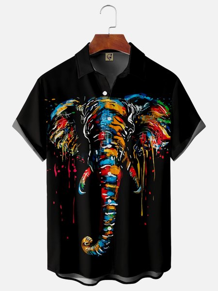Elephant Painting Chest Pocket Short Sleeve Casual Shirt, Black, Men Shirts
