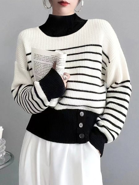 Daily Long sleeve Loose Simple Turtleneck Sweater, Black, Pullovers