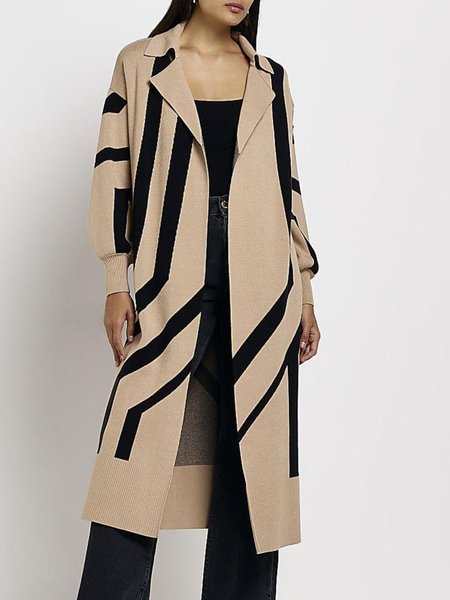 Long sleeve Abstract Loose Sweater Coat, Khaki, Cardigans