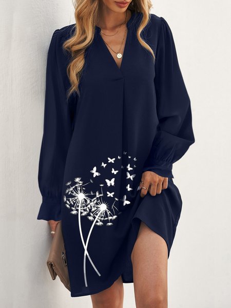 Floral Casual Cotton-Blend V Neck Dress, Blue, Dresses