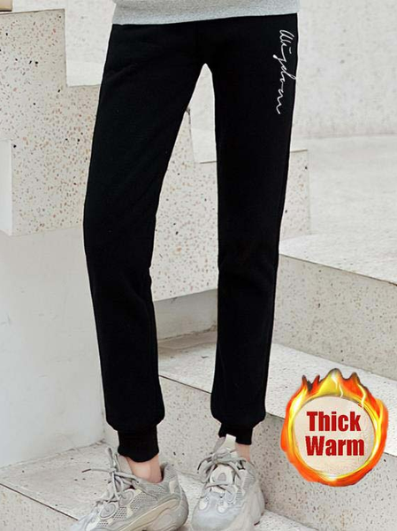 Casual Text Letters Loose Fluff/Granular Fleece Fabric Sweatpant, Black, Pants